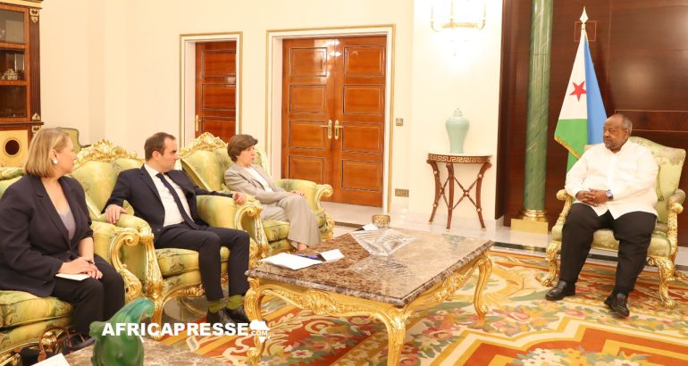 Le president de Djibouti s'entretenant avec Catherine Colonna et Sébastien Lecornu
