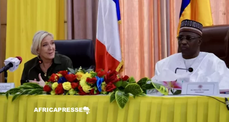 Marine Le Pen, reçue à l'Assemblée nationale tchadienne par son président Ali Kolotou Tchaïmi, le 16 mars 2025