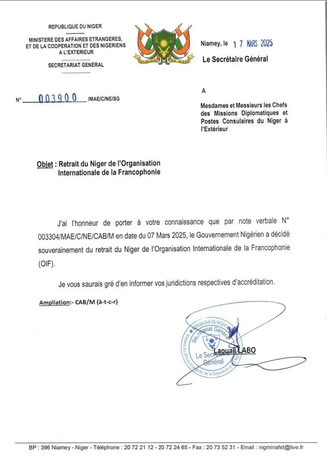 Niger annonce son retrait de l’Organisation internationale de la Francophonie
