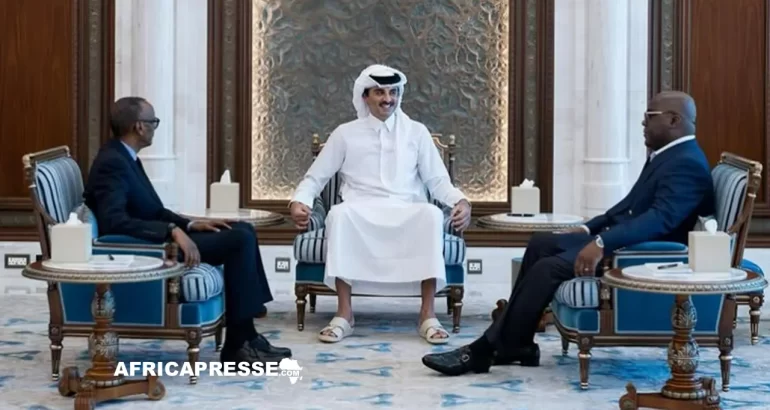 Paul Kagame, l'émir du Qatar, Tamim ben Hamad al-Thani, et Félix Tshisekedi
