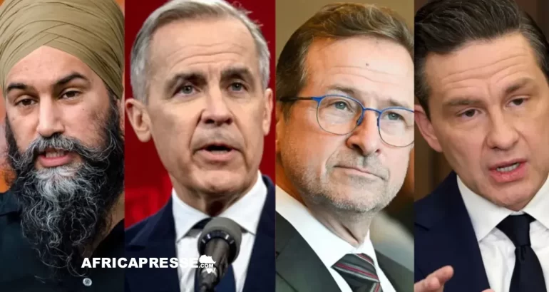 La place de l’immigration dans les élections fédérales au Canada De gauche à droite : le chef du NPD Jagmeet Singh, le chef libéral Mark Carney, le chef du Bloc québécois Yves-François Blanchet et le chef conservateur Pierre Poilievre