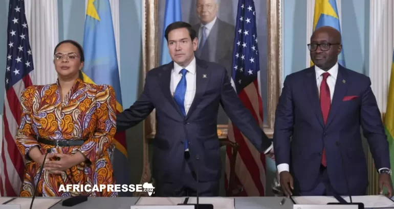 La RDC et le Rwanda poursuivent les négociations minières malgré la tension dans l’est Thérèse Kayikwanba Wagner, Marco Rubio et Olivier Nduhungirehe