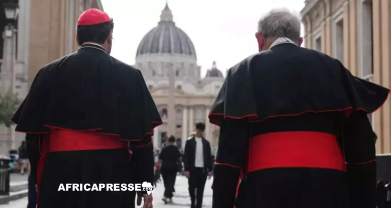 Le cardinal canadien Thomas Christopher Collins (à droite) et le cardinal canadien Francis Leo marchent sur la rue Via della Conciliazione près du Vatican avec la basilique Saint-Pierre en arrière-plan à Rome le 5 mai 2025.