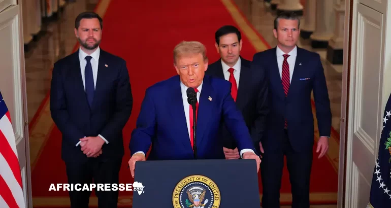 Le président américain Donald Trump prononce un discours à la Maison-Blanche à Washington, après les frappes américaines sur des installations nucléaires iraniennes.
