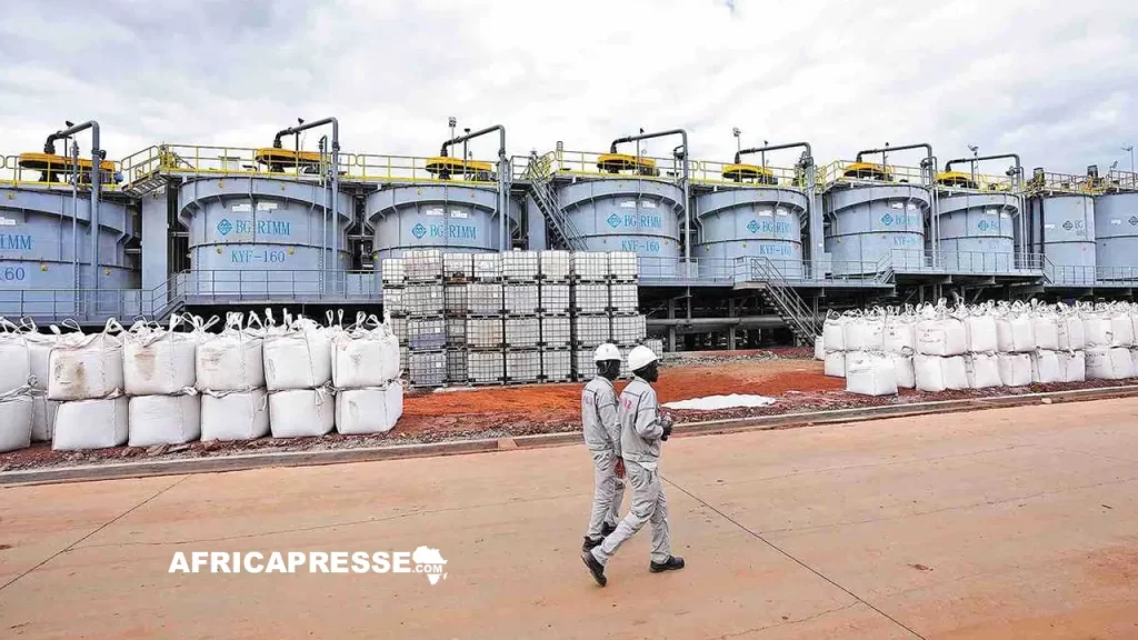 Des ouvriers passent devant des sacs remplis de lithium sur le site de l’usine de traitement de Prospect Lithium Zimbabwe, à Goromonzi