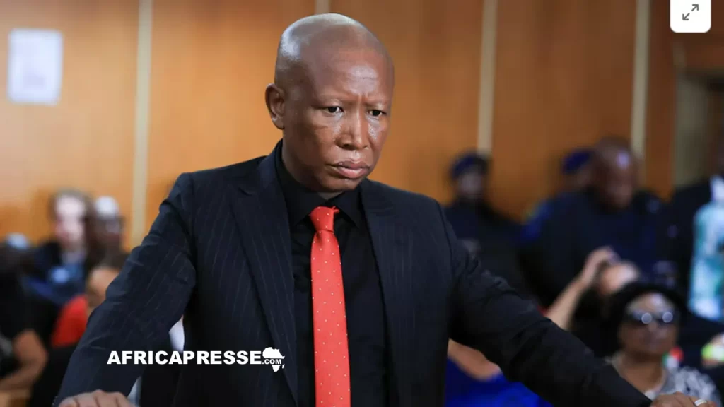 Julius Malema, homme politique d'opposition sud-africain et chef des Combattants pour la liberté économique (EFF), observe la scène après avoir obtenu l'autorisation de faire appel de sa condamnation à cinq ans de prison.
