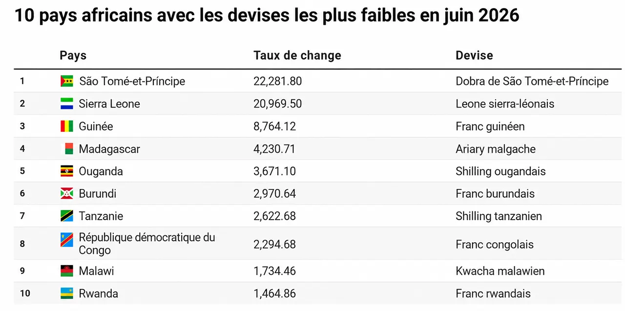 Les 10 monnaies les plus faibles d’Afrique en juin 2026