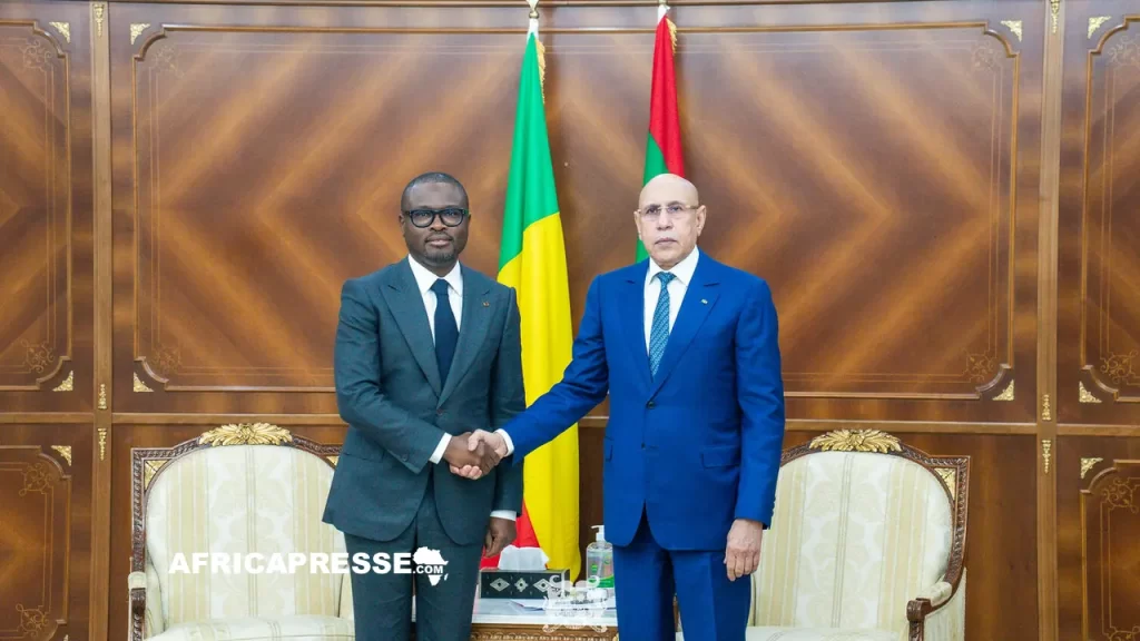 Le président de la république du Benin, Romuald WADAGNI et son homologue mauritanien, son excellence Mohamed Ould Cheikh El GHAZOUANI